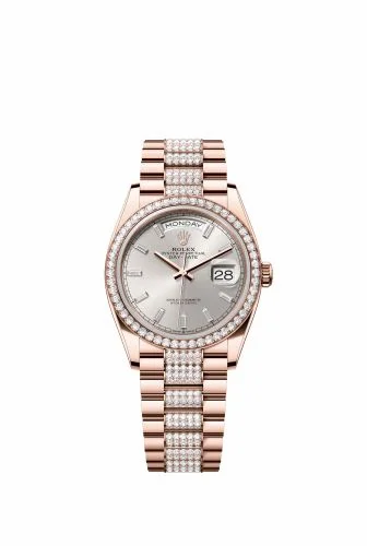 Rolex Day-Date 36 Everose Gold - Diamond / Silver - Baguette / President - Diamond 128345RBR-0082 (m128345rbr-0082)